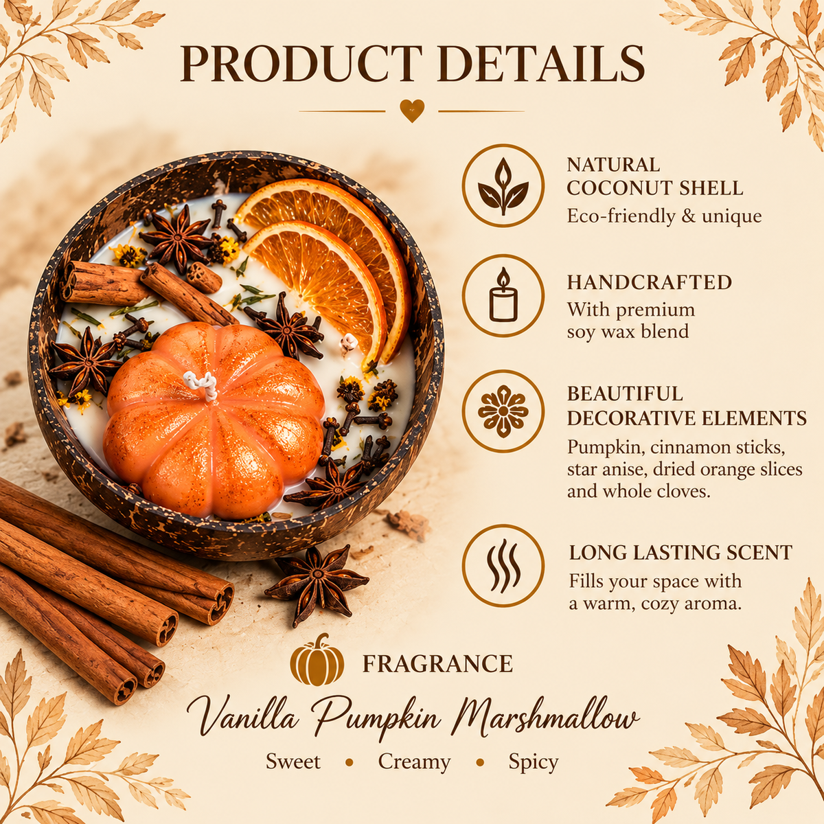 MARYCANDLE – Coconut Shell Candle | Vanilla Pumpkin Marshmallow