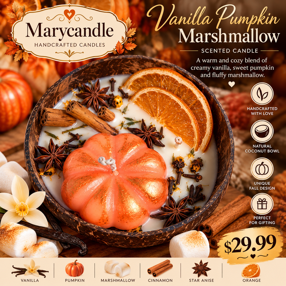 Marycandle coconut shell autumn candle with pumpkin, cinnamon sticks, star anise, dried orange and cloves
