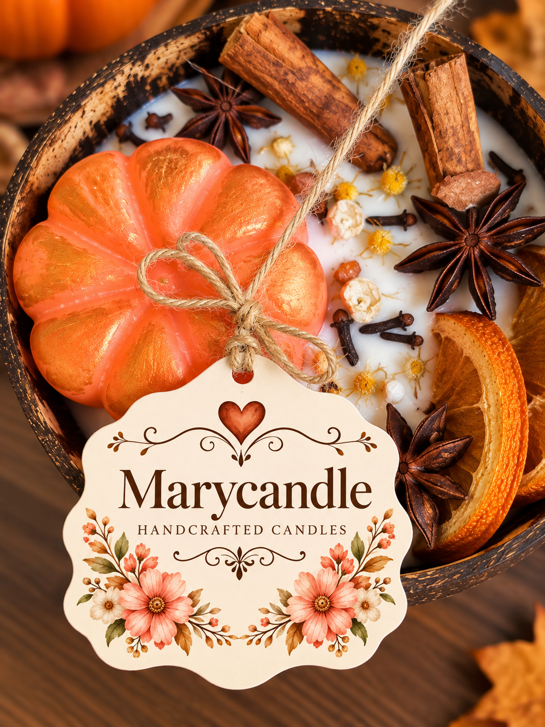 Marycandle hanging floral brand tag on coconut shell candle